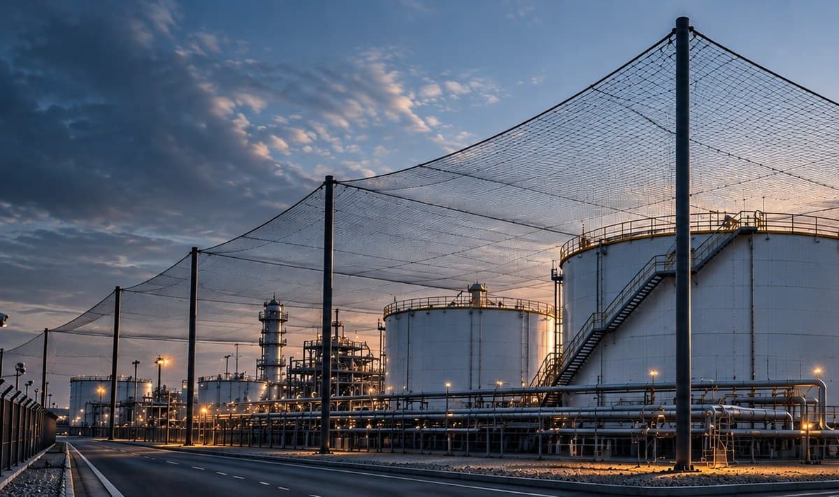 Технологические установки нефтегазового объекта и сетчатый контур на высоких опорах